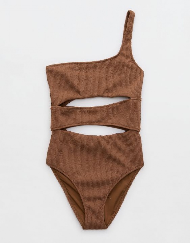 One Piece Swimsuits Aerie Crinkle Cut Out One Shoulder Marron Foncé | KLV-47339553