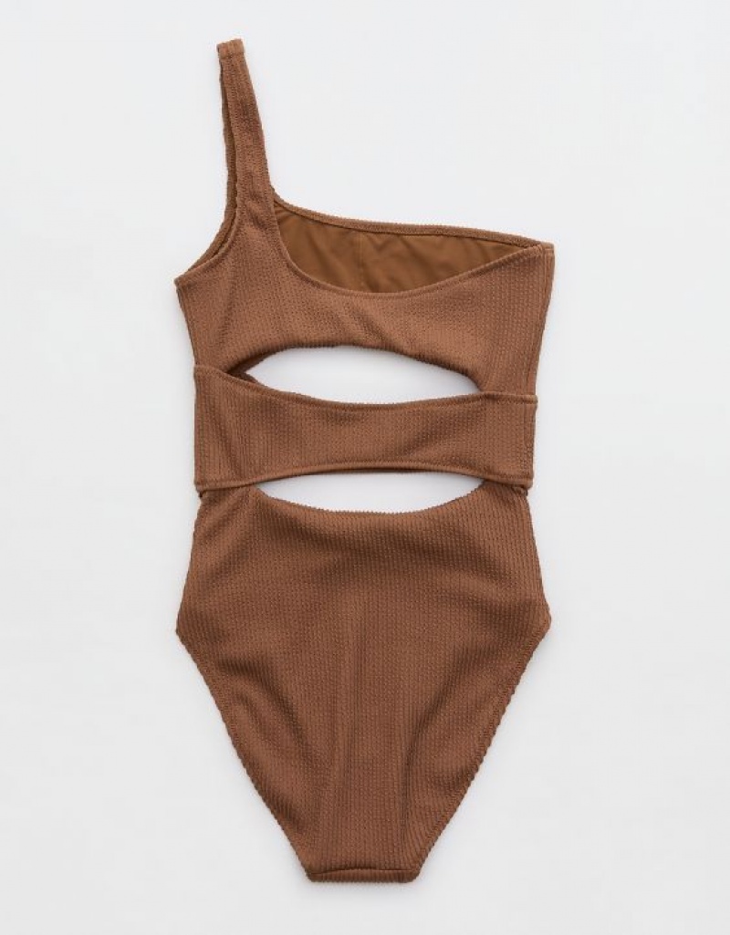 One Piece Swimsuits Aerie Crinkle Cut Out One Shoulder Marron Foncé | KLV-47339553