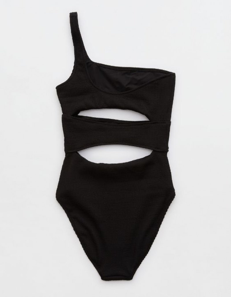 One Piece Swimsuits Aerie Crinkle Cut Out One Shoulder Noir | KZG-20232964