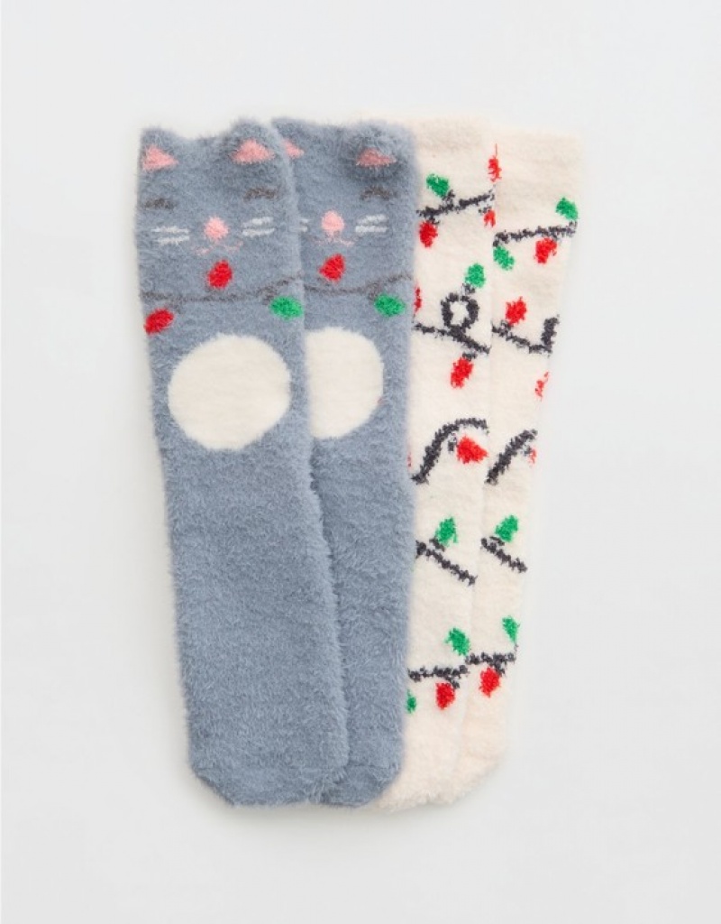 Chaussette Aerie Fuzzy Holiday Crew 2-Pack Argent Grise | BAY-48658403